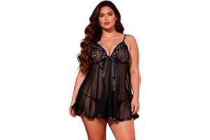 ohyeah Plus Size Lingerie for Women V Neck Sexy Mini Chemise Mesh Babydoll Lingerie Dress Boudoir Outfits