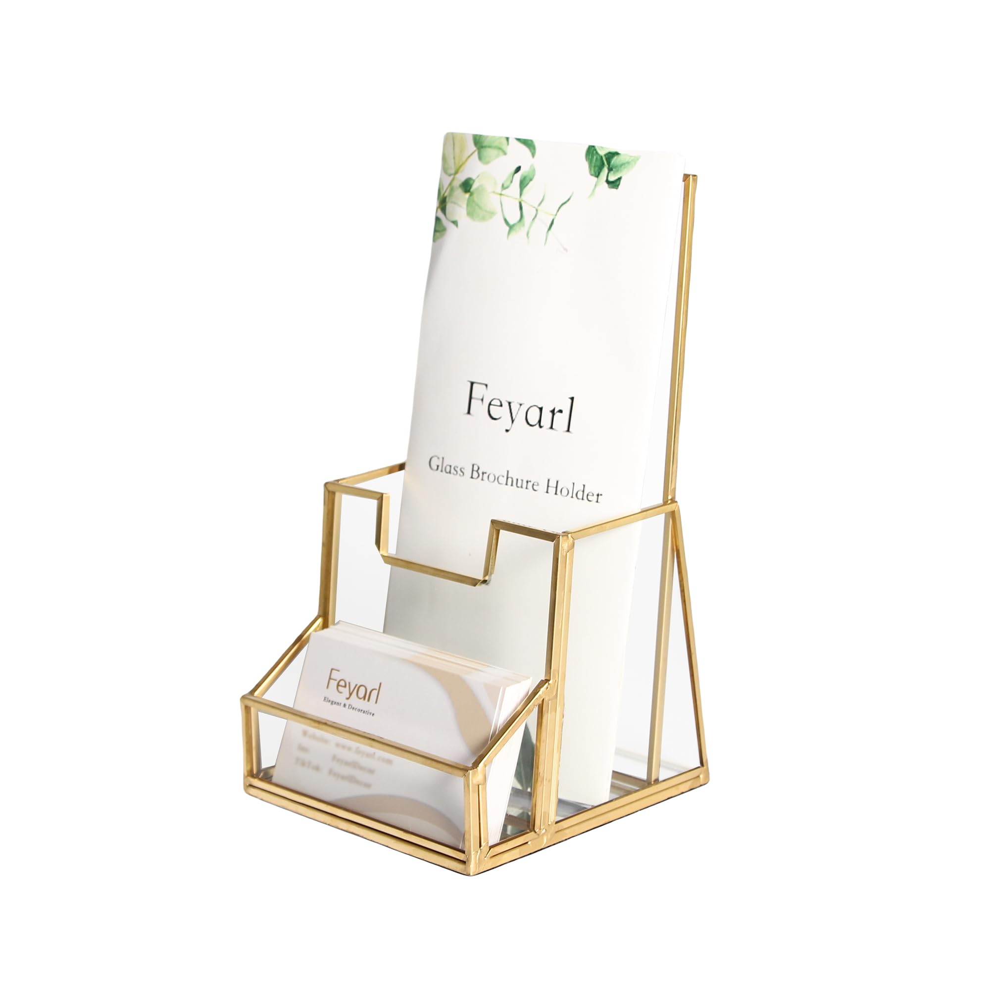 Photo 1 of Feyarl Gold Glass Brochure Holder Pamphlets Cards Literature Holder Flyer for 4" Trifold Holder Glass Display Stand with Business Card Holder for Brochures Magazines Literatures Display Countertop