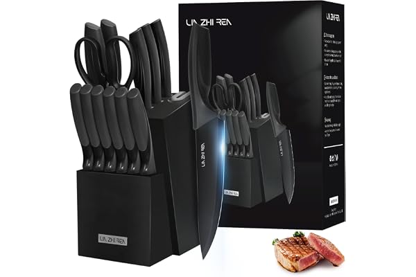Knife Set, 15 Pieces Kitchen Knife Sets with Block, Built-in Sharpener, Dishwasher Safe, Ergonomic Handle, Knife Block Set fo