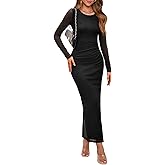 WIHOLL Women's Bodycon Maxi Dress Fall Fashion Long Sleeve Floral Print Tight Fitted Party Club Ruched Dresses
