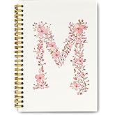 QROZIAR Pink Cute Spiral Notebook Journal, Preppy Floral Initial Letter M Personalized Journaling Notebooks, Monogrammed Gifts for Women Girls, Botanical Hardcover Spiral Lined Notebook 5.5 x 8.3