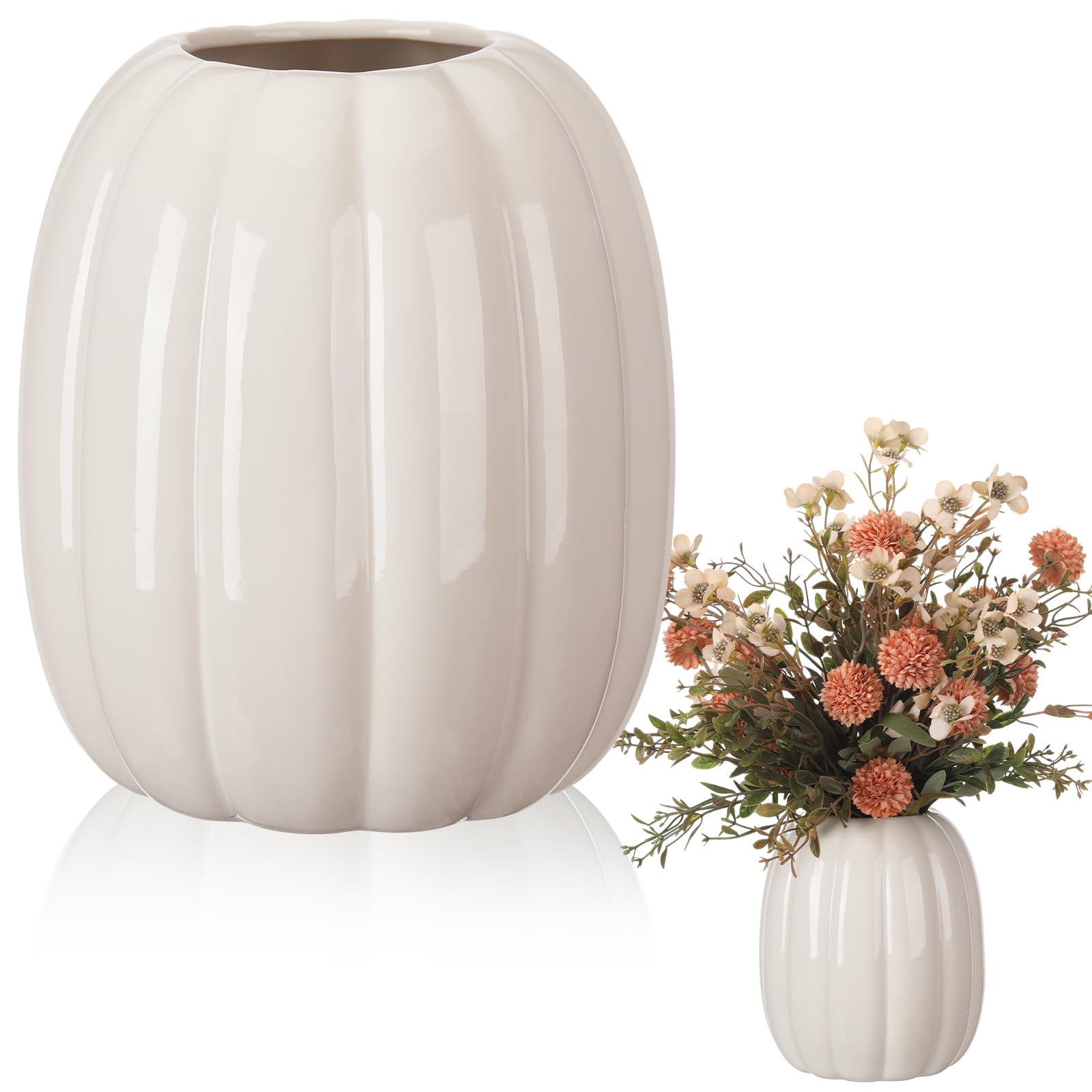 Photo 1 of 1PC   Beeveer 6.7 Inch Ceramic Pumpkin Vase Large Artificial Fake White Pumpkin Flower Vase Decorative Plant Pots for Fall Autumn Halloween Harvest Thanksgiving Farmhouses Home Room Office Decorations