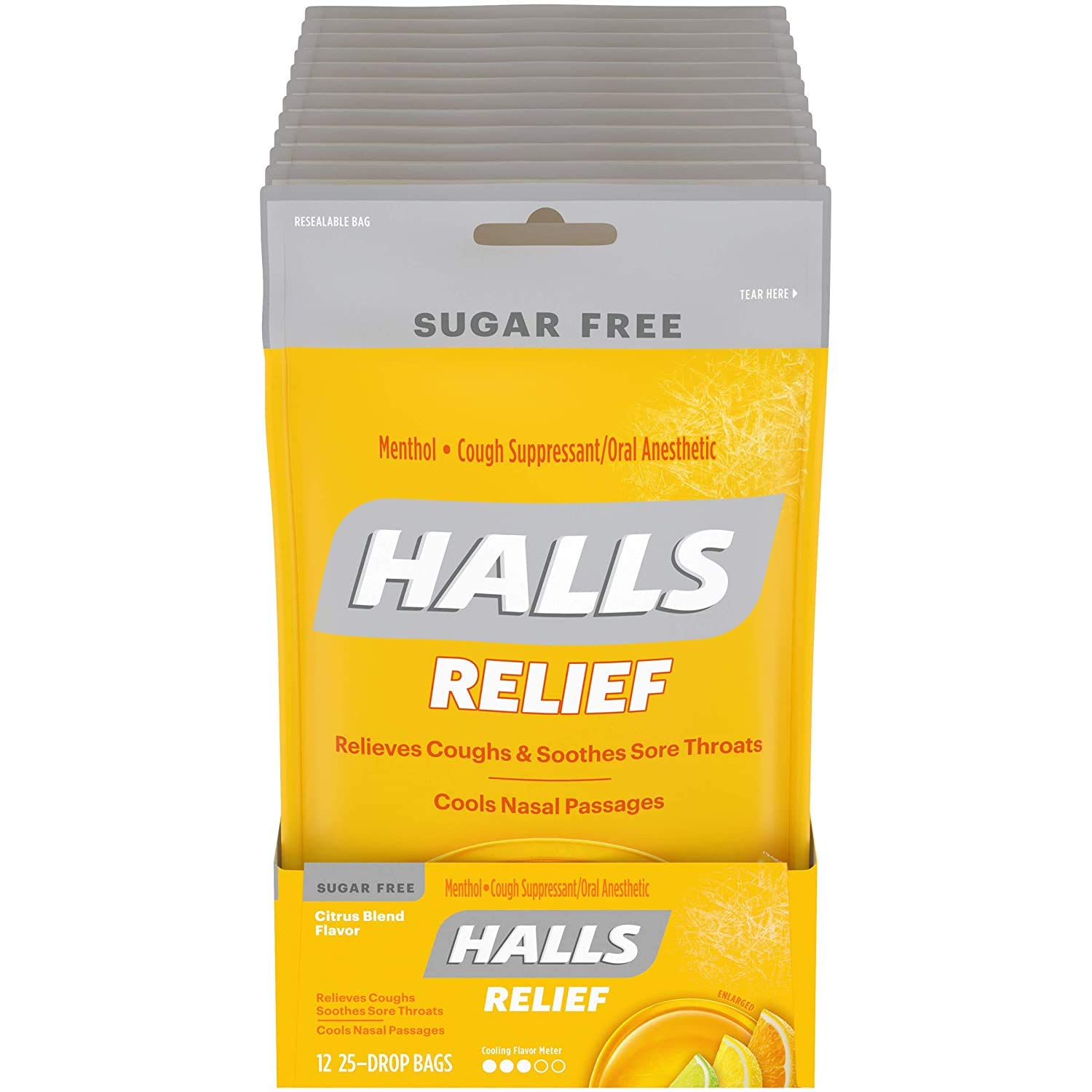 Halls Citrus Sugar Free Cough Drops - with Menthol - 300 Drops (12 bags of 25 drops) : Cough Drops : Grocery & Gourmet Food