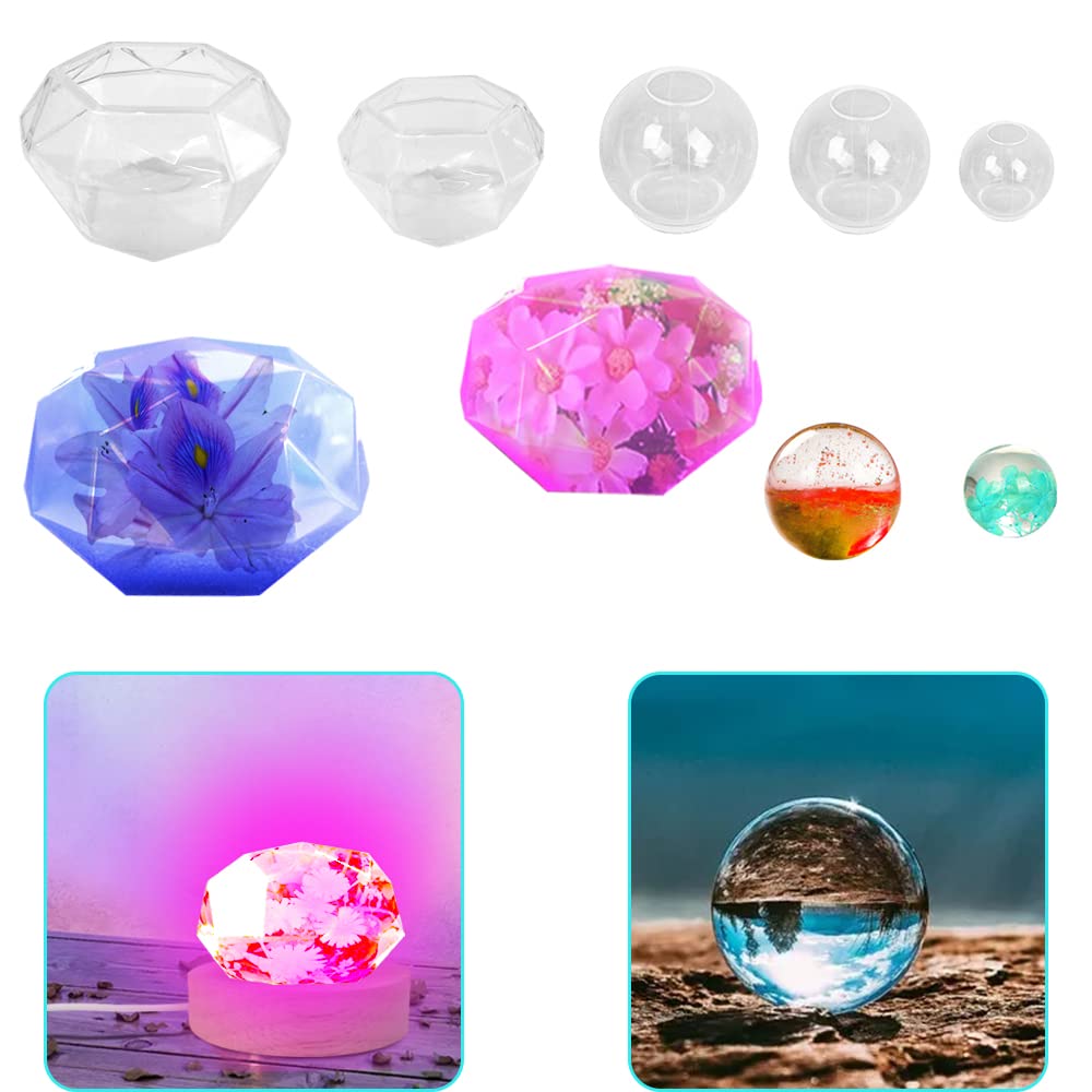 AFUNTA 5 PCS Resin Silicone Molds, 3D Diamond Resin Mold Sphere Epoxy Resin Mold Clear Silicone Ball Mold with USB Powered Lighted Base Stand, for DIY Jewelry Making, Resin Crafts