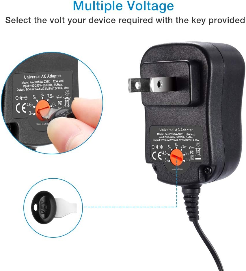 POWSEED 12W Universal AC Adapter Power Supply DC 3V 4.5V 5V 6V 7.5V 9V 12V for Household Electronics CCTV IP Camers Routers Speaker Tablet Webcam USB Devices Multi Voltage 1000mA Wall Charger Cord: Home Audio & Theater