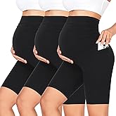 GROTEEN 3 Pack Women's Maternity Shorts Over Belly with Pockets - 8'' High Waisted Workout Yoga Pregnancy Biker Shorts