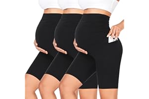 GROTEEN 3 Pack Women's Maternity Shorts Over Belly with Pockets - 8'' High Waisted Workout Yoga Pregnancy Biker Shorts