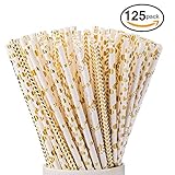 Paper Straws 125 PCS JIANFA-Food Grade Gold Foil Paper Straw Biodegradable Straw for Birthdays,Christmas, Weddings, Baby Showers, Celebrations and Parties