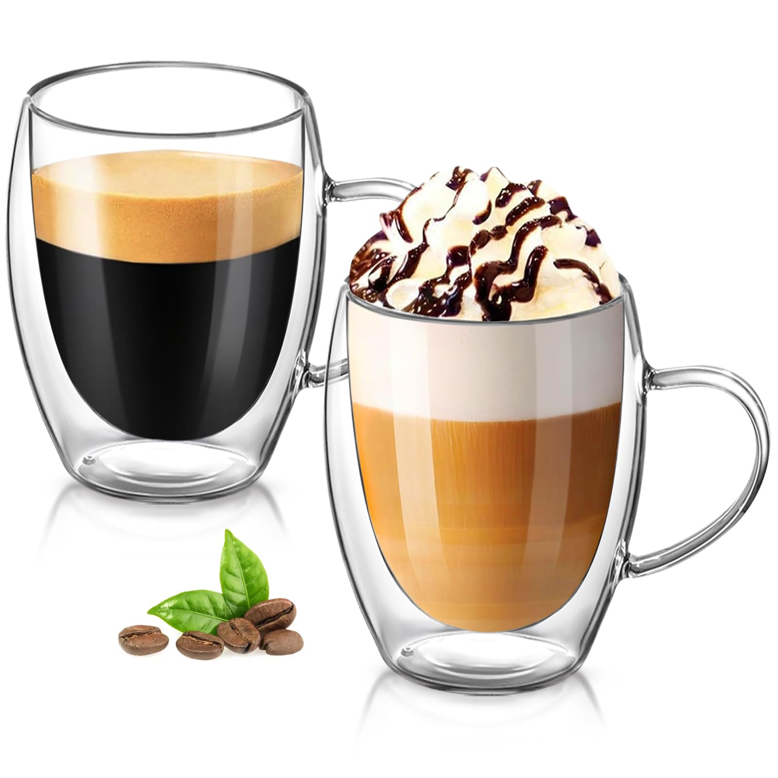 Osrioal Double Walled Glass Mugs, 2 x 350ml Glass Coffee Mugs, Heat Resistant Coffee Cups, Clear Coffee Glasses with Handle for Cappuccino Tea Milk Latte Juice