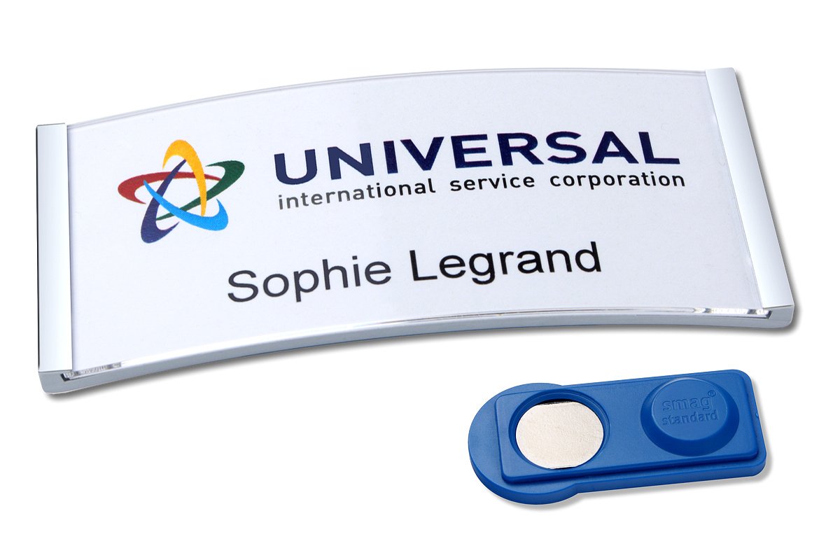 Badgepoint Name Plate Complete Set (20 Signs Including Print Sheet and Templates for PC, 80 x 34 mm, Matte Stainless Steel, Self-Writing, Magnetic Name Tags for Clothes, Non-Slip)