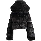 SACFOF Women's Winter Warm Jacket Faux Fur Hooded Jacket Long Sleeve Sexy Short Coat Winter Cropped Shearling Furry Overcoat