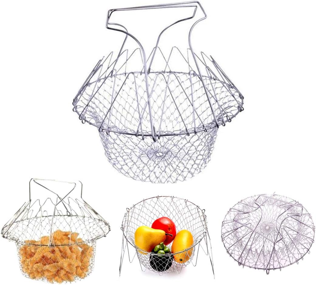 Deep Fry Basket - 304 Stainless Steel - Multi-Function Foldable Chef Cooking Basket, Flexible Kitchen Tool for Fried Food, Washing Fruits, Vegetables