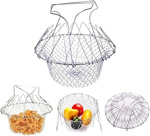 Deep Fry Basket - 304 Stainless Steel - Multi-Function Foldable Chef Cooking Basket, Flexible Kitchen Tool for Fried Food, Washing Fruits, Vegetables