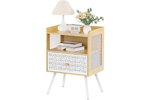 Iirios Nightstand, Bedside Table with Metal Drawers, End Table with Open Shelf, 2-Tier Open Adjustable Metal Floral Drawer Night Stand for Sofa Side Table, Bedroom Bedside Table, Maple White