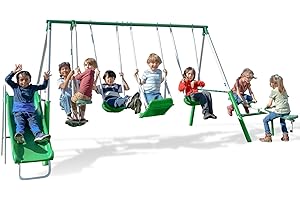 Sportspower Park Ridge Metal Swing Set: 2 Swings/Standing Swing, 2 Person Roman Glider Swing, Teeter Totter and 5' Wavy Slide, EXCEEDS ASTM Safety Standards *Bonus 4pc Anchor Kit*