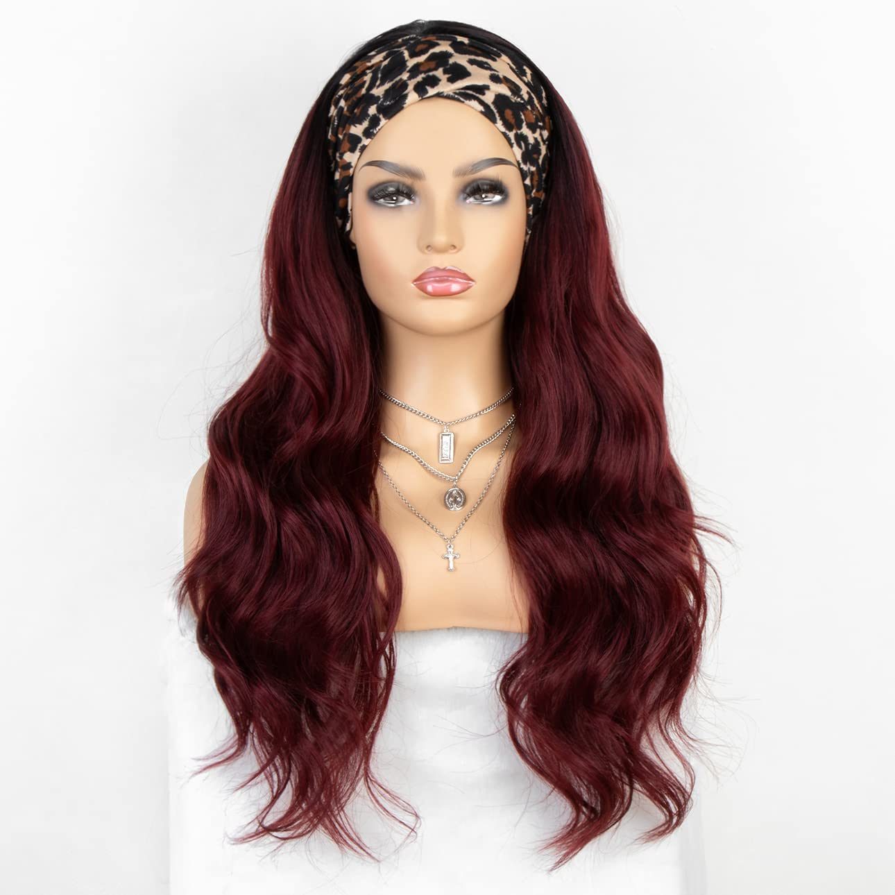 Ombre Burgundy Headband Wigs for Women 99j Long Wavy Synthetic Headband Wig with 3 Headbands Full Machine Made None Lace Front Wig