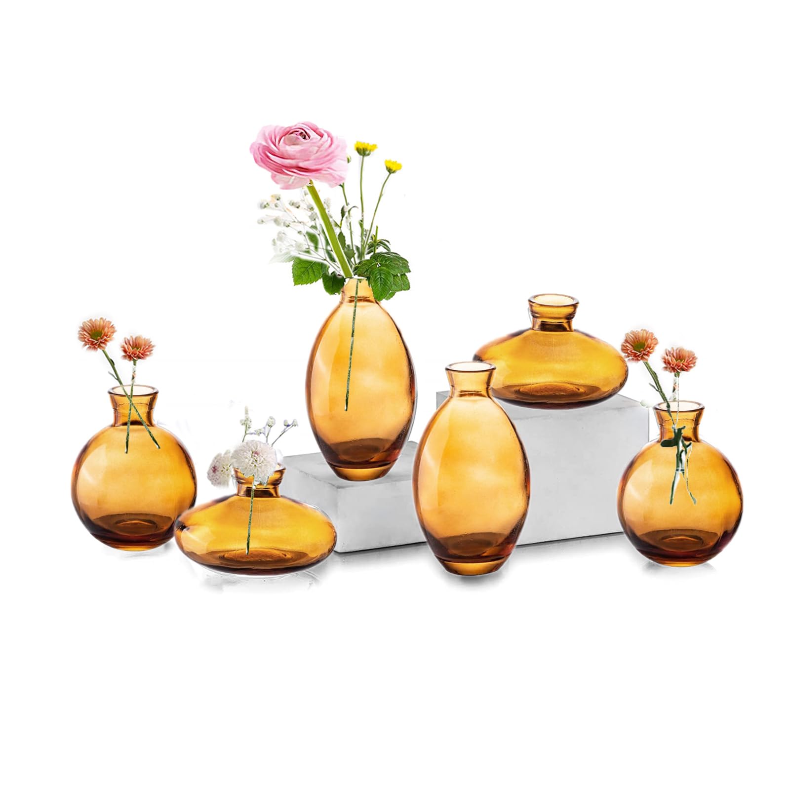 Bud Vases Glass EylKoi Mordern - 2sets(6Pcs) Amber Small Vases for Centerpieces, Small Vase Mini Vases Flower Vase Mini Tiny Vases for Home Decor Wedding Decorative Centerpieces, Events Bookshelf