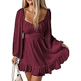 Acelitt Spring Fashion 2025 Wedding Guest Dress for Women Square Neck Long Lantern Sleeve Ruffle A-Line Casual Mini Dresses
