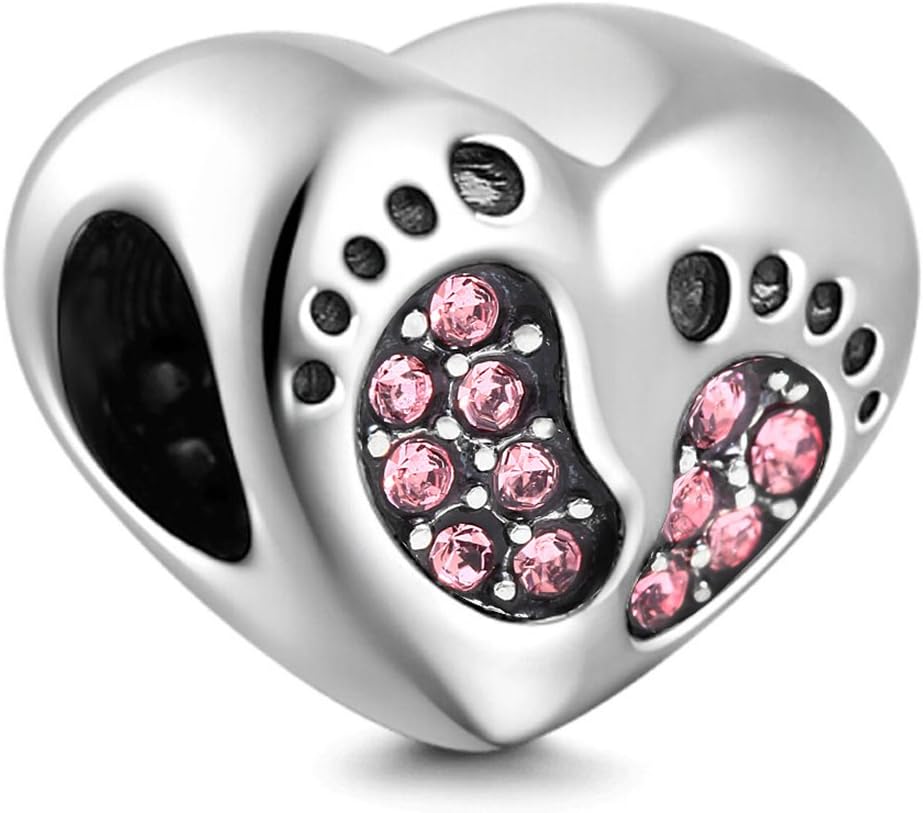 Lamoony Charms925 Sterling Silver Heart Charm Baby Charm Footprint Charm Birthday Charm Birthstone Charm Anniversary Charm for Pandora Charms Bracelet (Pink)
