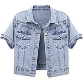 Omoone Women's Summer Short Sleeve Crop Denim Trucker Jacket Jean Coat Tops