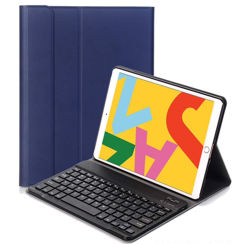 RLTech Keyboard Case for iPad 8th Gen 2020 / 7th Generation 2019, (QWERTY Layout) Slim Flip with Removable Wireless Keyboard Case for iPad 10.2'', Blue