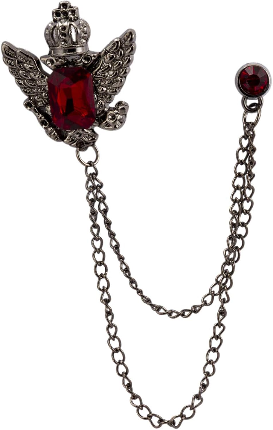 Brooch Lapel Pin for Men Gun Metal with Red Stone Crown Hanging Chain Lapel pin Badge Coat Suit Wedding Gift Party Shirt Collar Accessories
