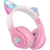 FLOKYU Kids Wireless Headphones LED Light up Cat Bluetooth Headphones, Color Changing Cat Ear Wireless Headsets with Microphone for Kids/Girls/School/Christmas (Pink Pro)