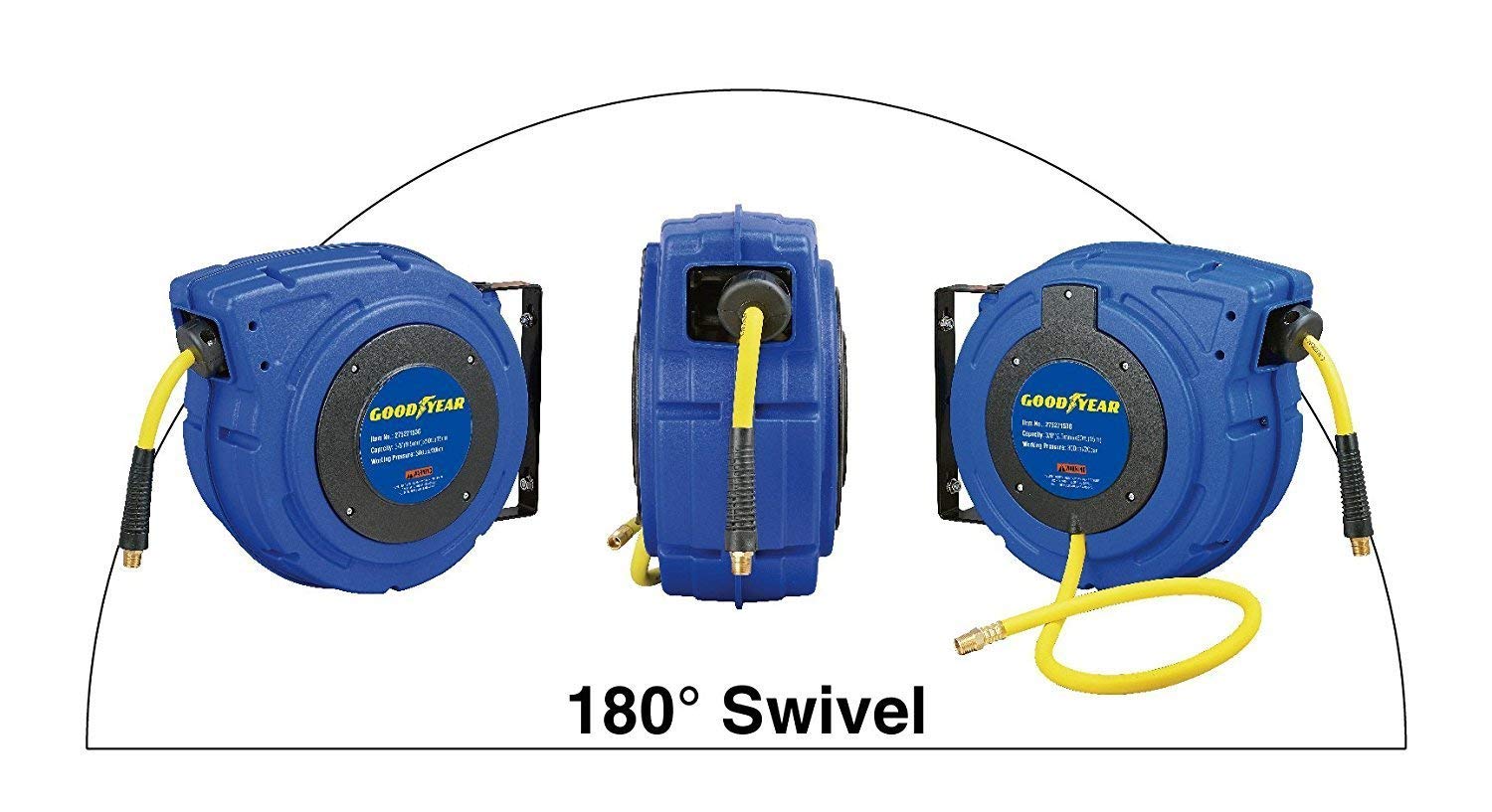 GOODYEAR Air-Hose-Reel Retractable 3/8" Inch x 50' Feet Premium Commercial Flex Hybrid Polymer Hose Max 300 Psi Heavy Duty Spring Driven Polypropylene Construction w/ Lead-in Hose & PVC Handle: Industrial & Scientific