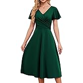 Gardenwed Womens Cocktail Dress Wedding Guest Semi Formal Wrap V Neck Short Sleeve Ruched A Line Midi Dresses with Belt