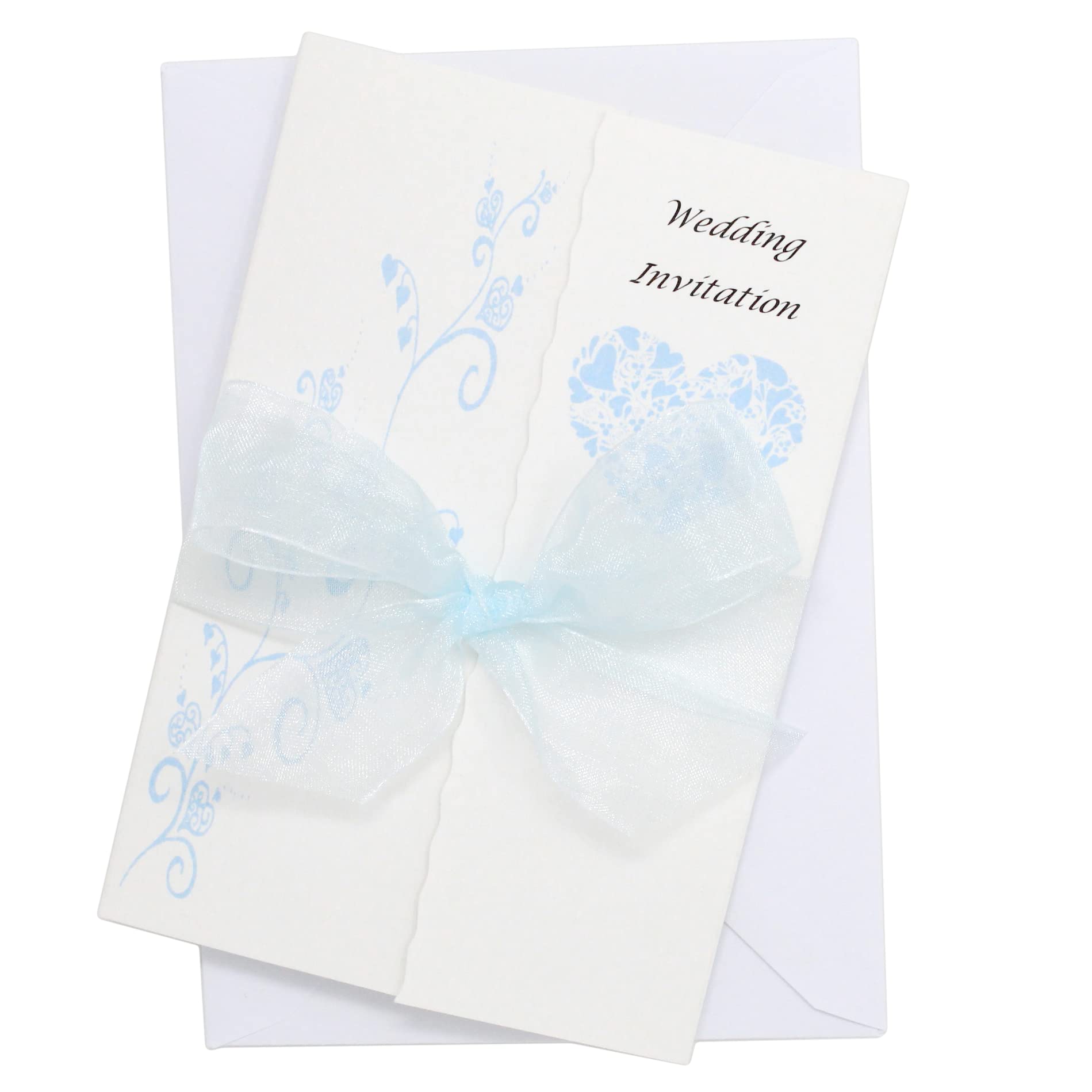 Pack of 10 Baby Blue Wedding Invitations with ribbon and envelopes- Gatefold style!