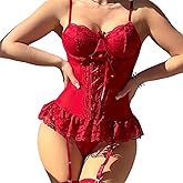 Neohouny Lingerie Sets for Women Sexy Lace Up Corset Bodysuit With Garter Underwire Babydoll Rave Outfits