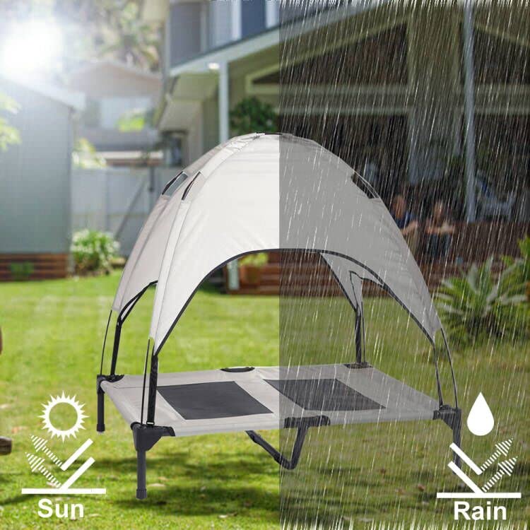 Outdoor Elevated Dog Bed 36 inch with Canopy, Raised Dog Bed, Grey Waterproof Removable