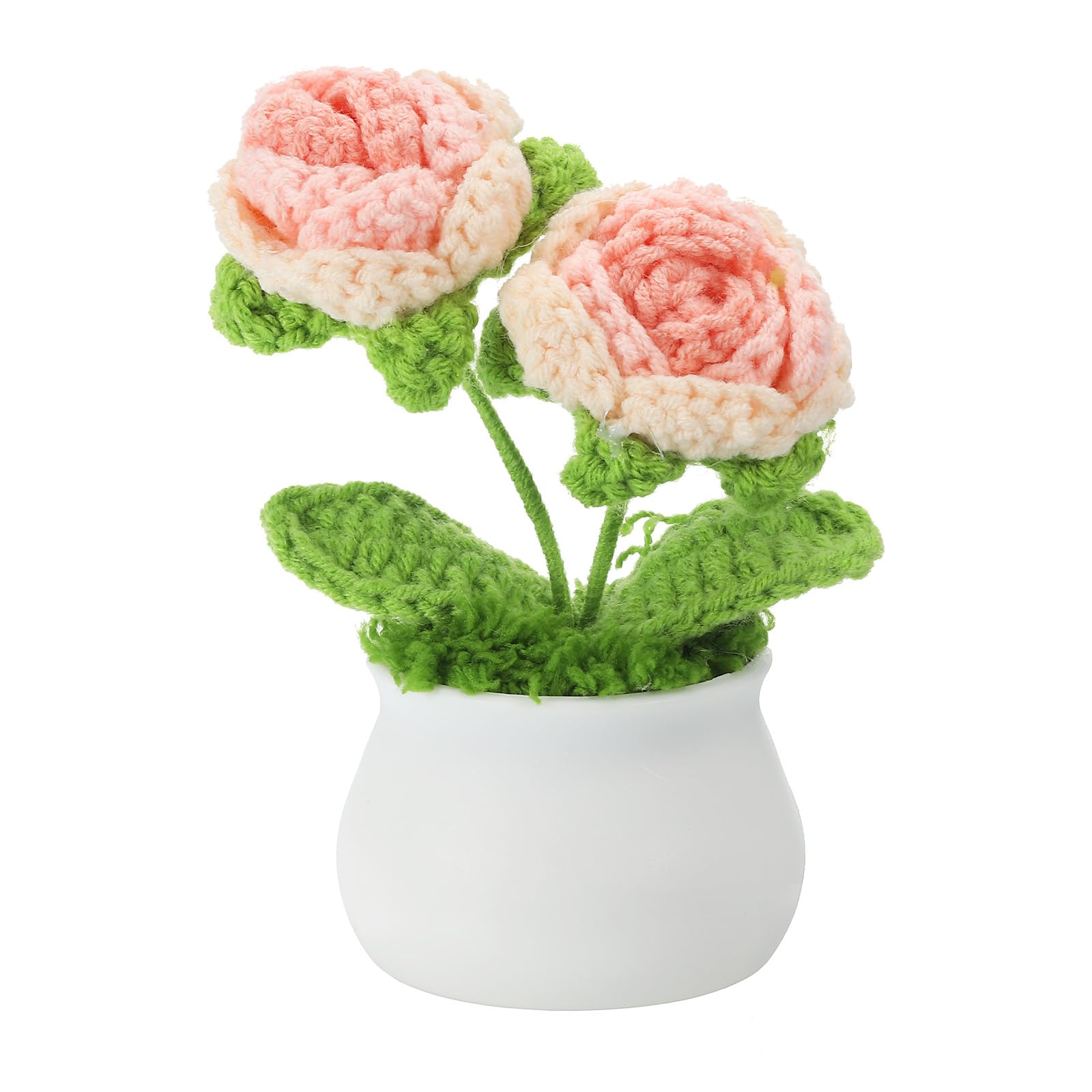 PATIKIL Crochet Flowers Potted, 2 Head Rose Flowers Handmade Knitted Mini Potted Plants Artificial Flowers for Valentine's Gifts Home Office Tables Decoration, Gradient Pink