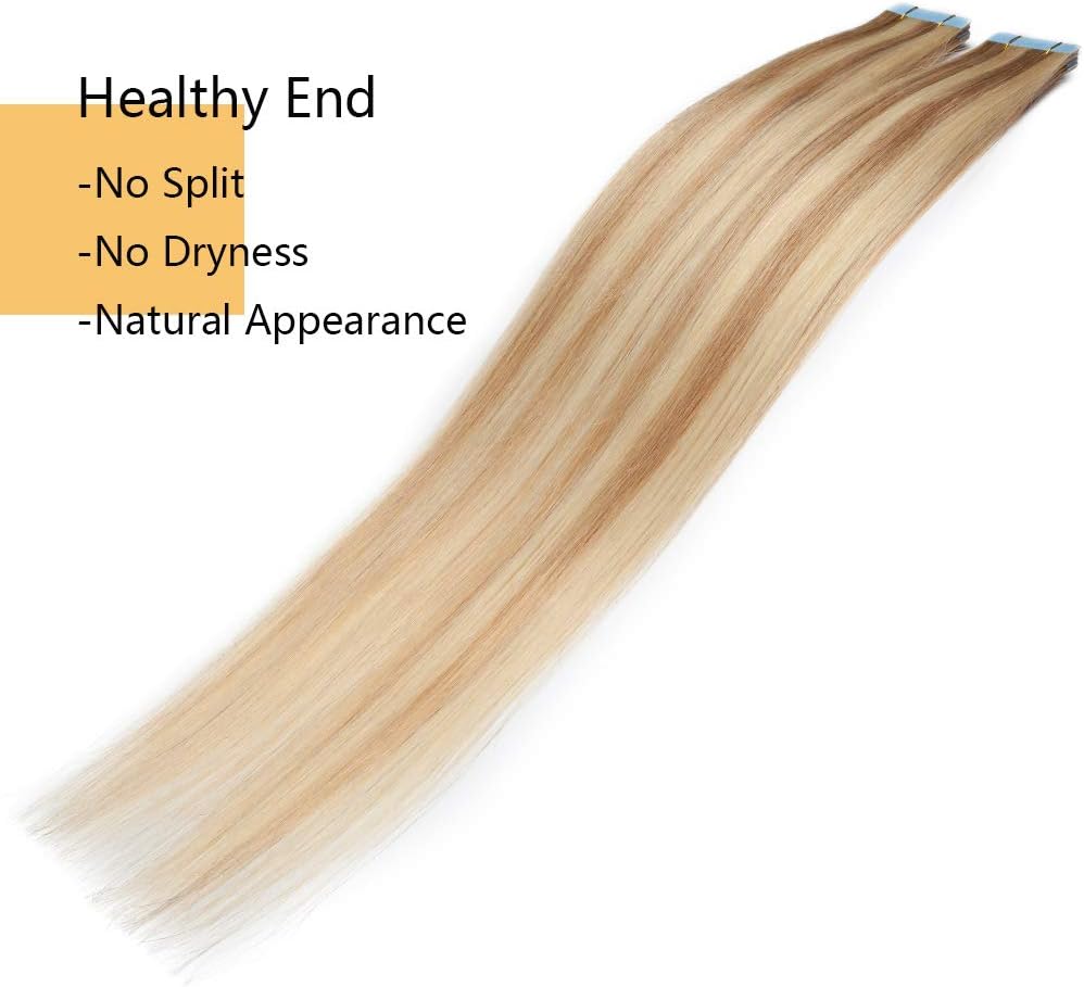 Silk-co Real Remy Tape in Straight Human Hair Extensions Silky Soft 10pcs 18inch #18P613 Ash Blonde&Bleach Blonde Balayage Seamless Tape on Hair Extension Straight Human Hair - Image 4