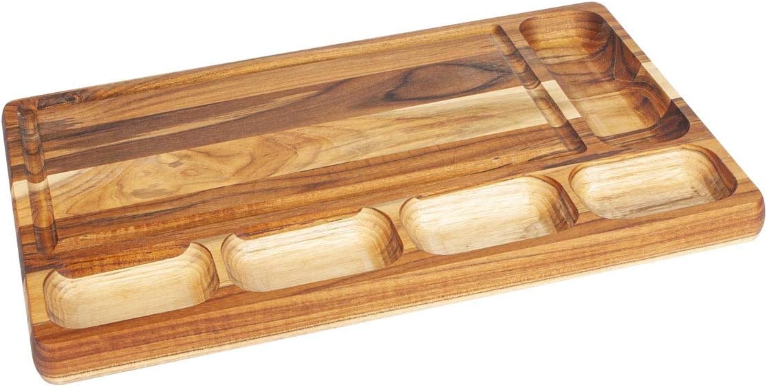 (Pré Venda) Petisqueira Teca Retangular 48 X 30 Cm 5 Divisões e Area De Corte, Stolf