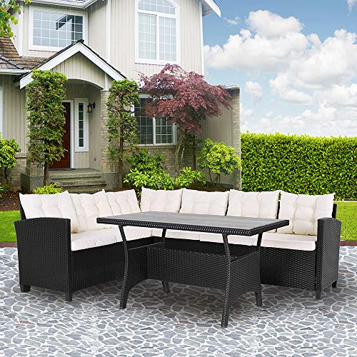 Casaria® Polyrattan Ecklounge Set WPC Esstisch Ecksofa inkl. 7cm Sitzauflagen 15cm Kissen Wetterfest Outdoor Lounge Garten Terrasse Balkon Möbel Schwarz – Bild 3