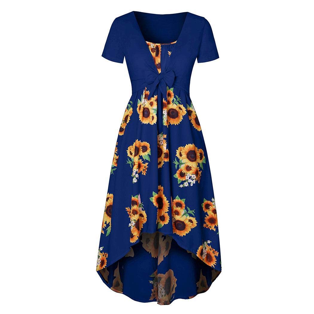 lazinem Women Casual V-Neck Short Sleeve Print Asymmetrical Hem Two-Piece Dress Dresses Blue