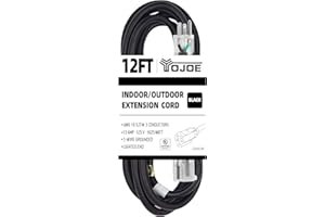 YOJOE 12 Foot Black Outdoor Lighted Extension Cord - 16/3 SJTW Christmas Light Extension Cord with 3 Prong Grounded Plug - 16 Gauge Extension Cord for Garden, Christmas Decorations - UL Listed