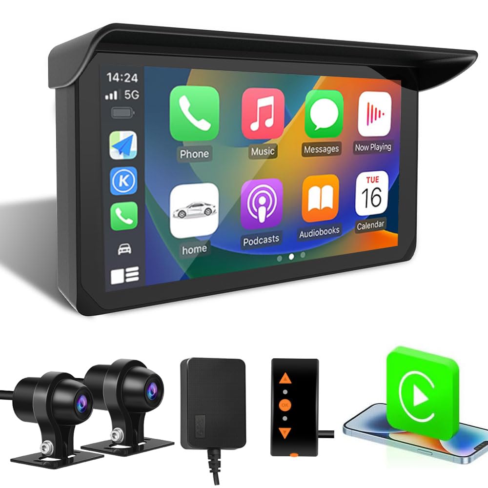 VSYSTO Motorcycle Touchscreen, Wireless CarPlay and Android Auto, 5 Inch Motorbike Dash Cam Front and Rear 1080P Waterproof with Bluetooth, GPS Navigation, Parking Monitor, Voice Assistant