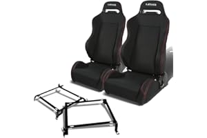 Auto Dynasty NRG Type-R Style Reclinable Racing Seats Bundle with Steel Mounting Brackets Compatible with Honda Civic Acura Integra 92-01, 4-Piece, Black Cloth