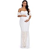 ZIUMUDY Women's Off Shoulder Ruffle Sleeve Lace Mermaid Maternity Baby Shower Gown Maxi Photography Dress