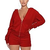 SMSN Women 2 Piece Outfits Sweatsuit Shorts Sets, Velvet Tracksuit Long Sleeve Hooded Zipper Jacket Casual Sweat Set