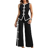winkbay Women's 2 Piece Outfit Button Front Crew Neck Vest Top and Straight Leg Pants Elegant Set