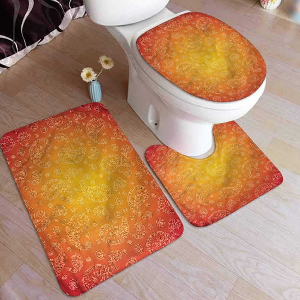 Ahuimin 3 Pcs Bath Rug Set, Orange,Ombre Floral, Bathroom Mat Contour
