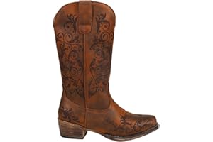 ROPER Womens Tall Stuff Embroidery Snip Toe Casual Boots Mid Calf Low Heel 1-2" - Brown