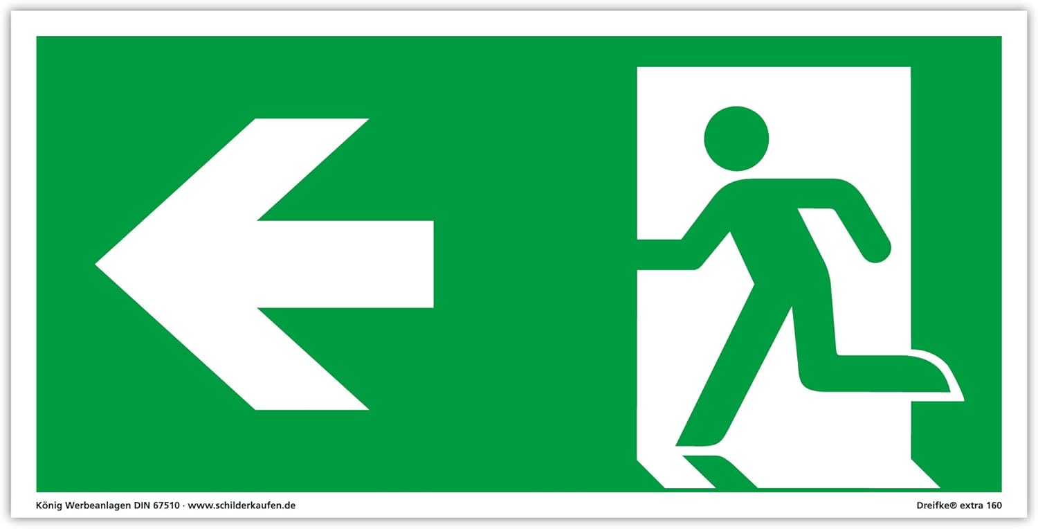 Shield emergency exit arrow, left, longlasting 300x150 mm PVC self