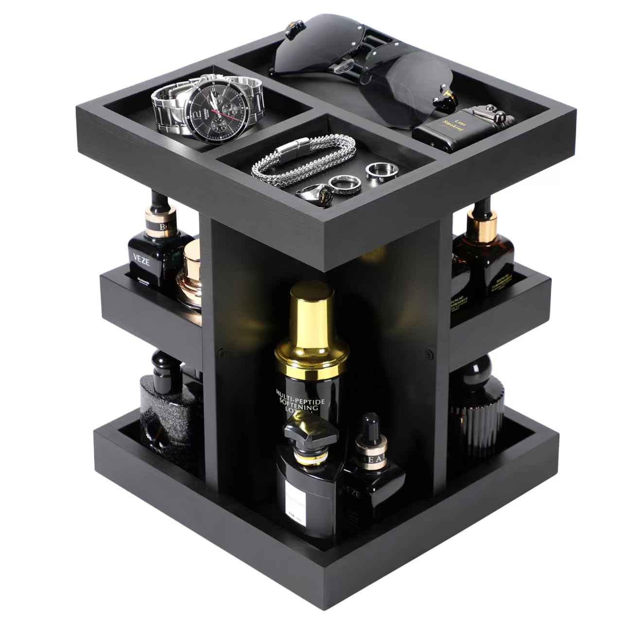 EXIN DECHEN Cologne Organizer for Men,Cologne Stand,3 Tier Large Capacity Wood Perfume Shelf with Rotate,Desk & Nightstand Organizer,Mens Husband Birthday Gifts Ideas,Christmas Gifts for Men(Black)