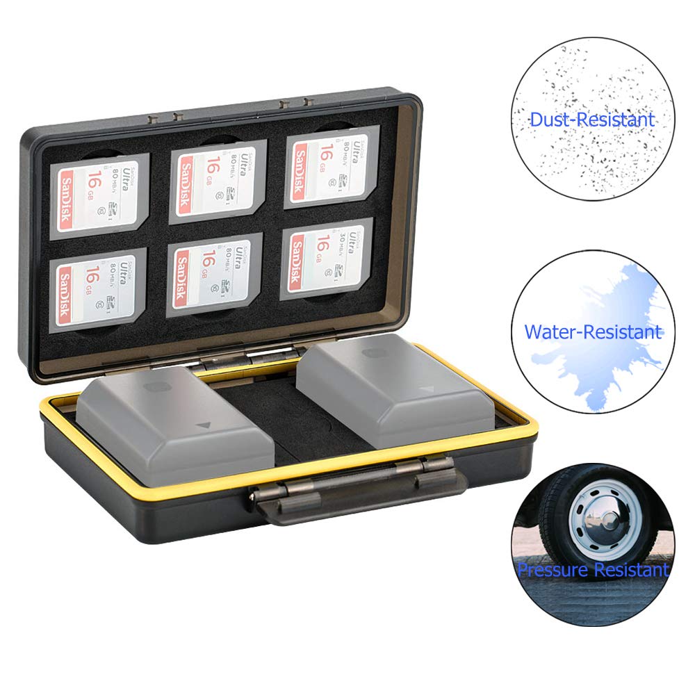 6 Slots SD SDHC SDXC Memory Card Holder Case with 2 Camera Battery Slots for Canon LP-E6 LP-E8 LP-E12 LP-E17 NB-13L Sony NP-FZ100 NP-FW50 NP-BX1 Fujifilm NP-W126 NP-W126S NP-95 Nikon EN-EL15 EN-EL14