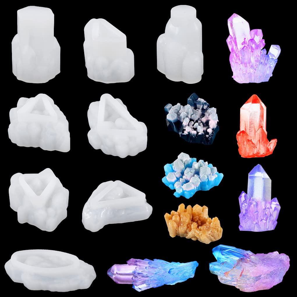 FineInno 8 PCS Crystal Cluster Moulds Set, Druzy Gem Moulds Silicone, Crystal Quartz Rock Epoxy Resin Mould for Candles, Isomalt, Cake Decor, Jewellery Making