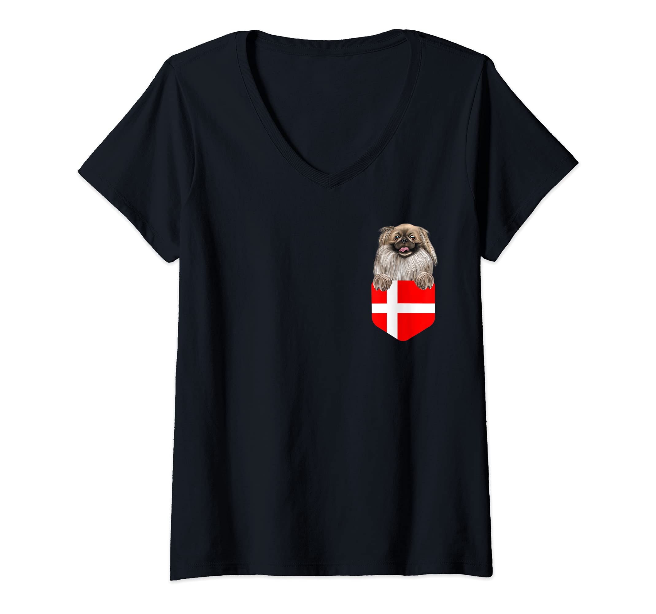 Womens Denmark Flag Pekingese Dog In Pocket V-Neck T-Shirt